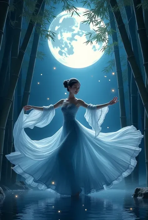 一位身着水墨渐变长裙的舞者在月光下的竹林间翩然起舞，裙摆随风飘动化作墨色涟漪，周围萤火虫如星辰般闪烁。采用东方美学风格的水墨渲染效果，细腻的笔触与动态光影完美融合，4K超高清画质呈现梦幻般的意境