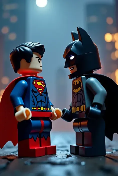 乐高艺术版的超人和蝙蝠侠，夜晚场景