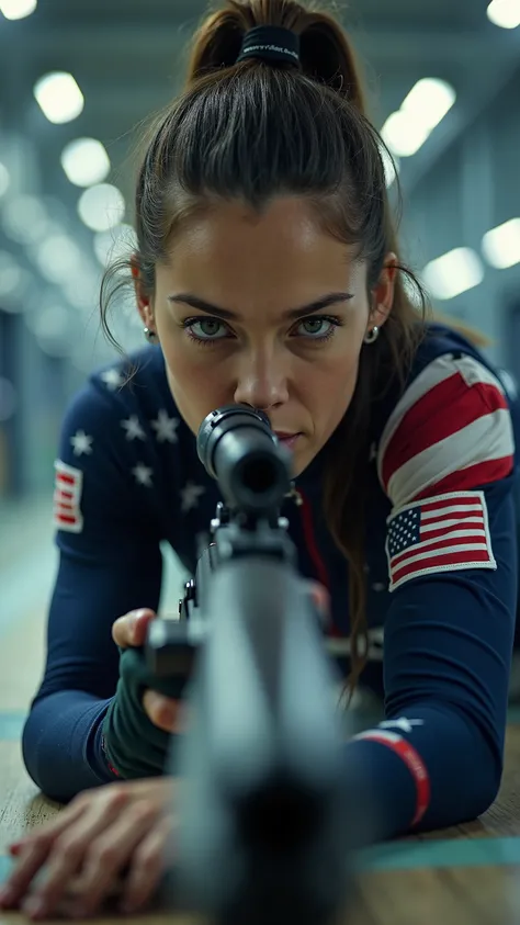 highdefinition images、An image of a woman representing the United States in shooting at the Olympics shooting face down and aiming for the target with a rifle、