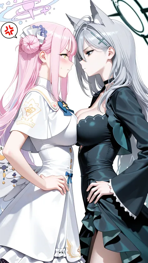2girls, yuri, symmetrical docking, from side, profile, looking at another, cowboy shot, shiroko terror \(blue archive\), mika \(blue archive\), simple background, annoyed, spoken anger vein, hands on own hips, 