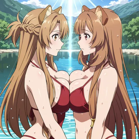 Tateyuu, asuna yuuki from sword art online and with big breasts), raphtalia ,yuri, side by side , anime style, musthe, big breasts press, , Background a beautiful lake., al aire libre, ( white and red bikinis)) score_9, score_8_above, score_7_above, master...