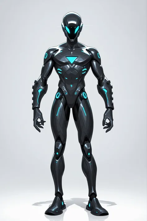 A man wearing a black skinned nanotech sleek design armour, lightweight, nanotechnology, blue glowing tiny triangular reactor on chest, high-tech black helmet , tall athletic male body, good body proportion, 2D cartoon style, cinematic depth, white backgro...