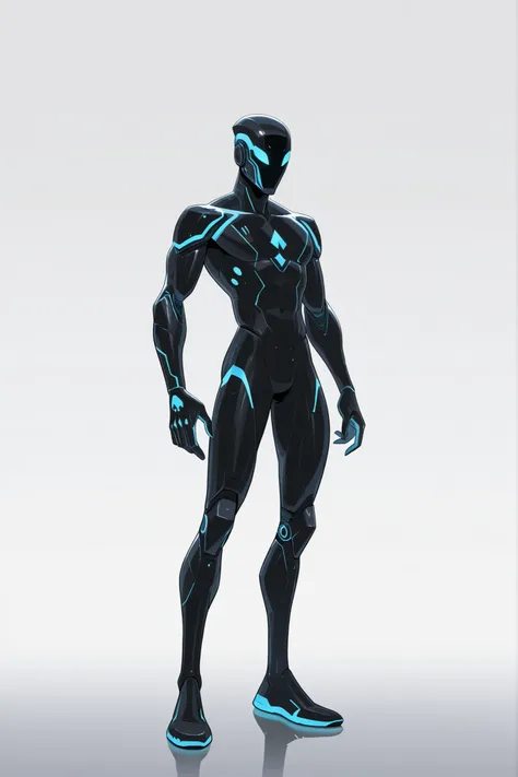 A man wearing a black skinned nanotech sleek design armour, lightweight, nanotechnology, blue glowing tiny triangular reactor on chest, high-tech black helmet , tall athletic male body, good body proportion, 2D cartoon style, cinematic depth, white backgro...
