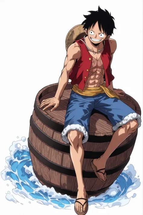 luffy_es, black hair, black eyes, strawhat, scar on face, red open sleeveless jacket, bare shoulders, light blue shorts, rolled up shorts, sandals, sitting, , smiling, In a barrel in the middle of the sea, dutch angle, Athletic body, toned body, upperbody,...