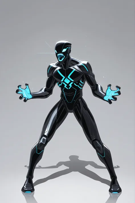 A man wearing a black skinned nanotech sleek design armour, lightweight, nanotechnology, blue glowing tiny triangular reactor on chest, high-tech black helmet with sharp glowing teeth, roaring, tall athletic male body, good body proportion, 2D cartoon styl...