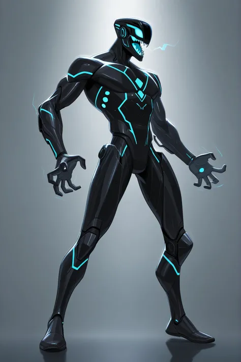 A man wearing a black skinned nanotech sleek design armour, lightweight, nanotechnology, blue glowing tiny triangular reactor on chest, high-tech black helmet with sharp glowing teeth, roaring, tall athletic male body, good body proportion, 2D cartoon styl...