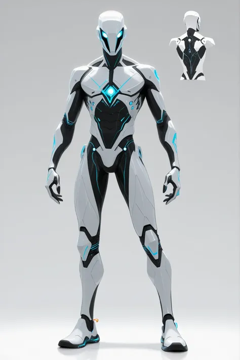 A man wearing a white skinned nanotech sleek design armour, white, lightweight, nanotechnology, blue glowing tiny triangular reactor on chest, high-tech white helmet , tall athletic male body, good body proportion, 2D cartoon style, cinematic depth, white ...