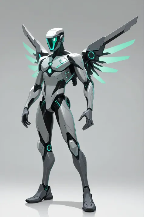 A man wearing a grey skinned nanotech sleek design armour, white, lightweight, nanotechnology, green glowing tiny triangular reactor on chest, high-tech grey helmet , tall athletic male body, holographic high-tech mechanical wings at the back, good body pr...