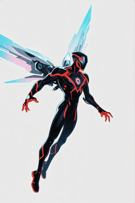 A man wearing a red skinned nanotech sleek design armour and flying, red, lightweight, nanotechnology, blue glowing tiny triangular reactor on chest, high-tech blue helmet , tall athletic male body, holographic high-tech mechanical wings with rocket plasma...