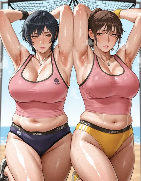 score_9_up , score_8_up , score_7 , masterpiece, 2girl, Two female instructors stand side by side, chubby, Erotic big body, cleavage, wristband, sweaty body, no one else's beach, watching viewers, brown hair ponytail hair and black hair short cut hair, pin...