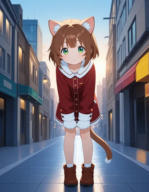 anthropomorphic feline girl, cute cat ears, short brown hair, green eyes, soft lighting, evening city street background, wearing white bandages like a costume, holding her paws forward, anime-style, detailed background, digital art, full body.