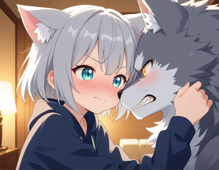 anime style, cute girl with gray hair, cat ears, angry expression, face to face with wolf, wolf, playful rivalry, blushing, indoors, close-up, detailed eyes, expressive emotions, warm lighting, living room background, anime aesthetic, high detail, dynamic ...