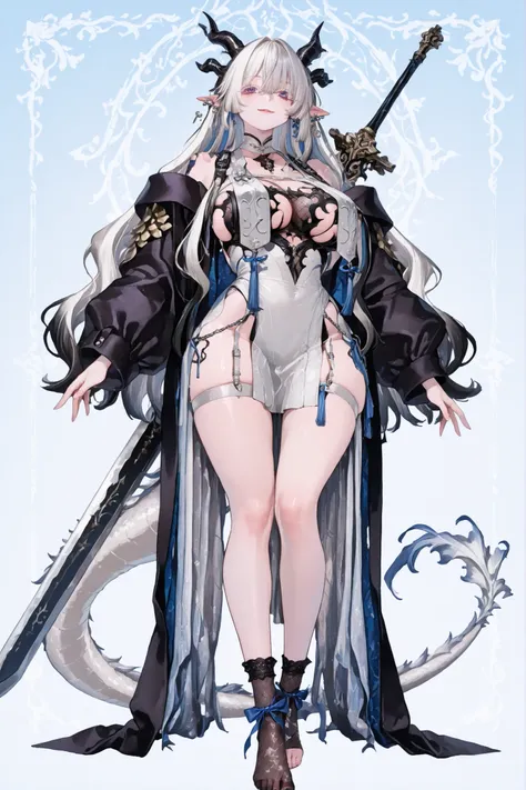   8k wallpaper、    top quality 、masterpiece,   748cm スThailandル   、sexy black bralette dress with fishnet top beneath,   woman 1 person、ribbon、piercings and earrings on her ears,  pointy elf ears, black ripped pelvic curtain dress、 cute black oversized coa...