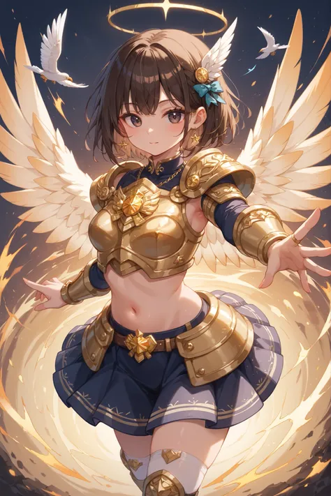 Bird's-eye view、 in detail、Highest Quality、dynamically、Girl with short brown hair 、The bangs are divided at :Divided into 3 positions、The girl is 25 years old 、dark eyes、goddess、 gold armor、Sleeveless、Belly button、white skirt、Gold Ornament、standing wit...