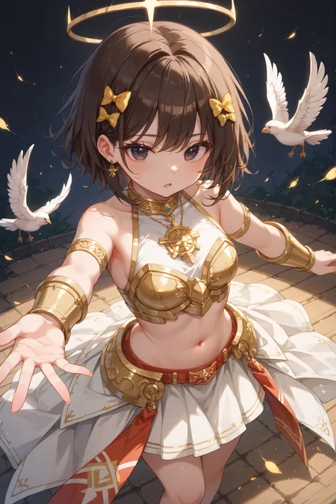 Bird's-eye view、 in detail、Highest Quality、dynamically、Girl with short brown hair 、The bangs are divided at :Divided into 3 positions、The girl is 25 years old 、dark eyes、goddess、 gold armor、Sleeveless、Belly button、white skirt、Gold Ornament、standing wit...