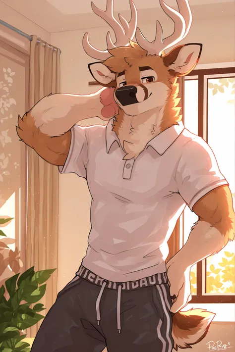 by Pache Riggs,anthropomorphic male and athletic deer, light fur, sweatpants, white collared polo shirt, casual pose, livingroom background 