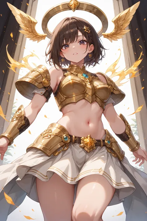 at a low angle、 in detail、Highest Quality、dynamically、Girl with short brown hair 、The bangs are divided at :Divided into 3 positions、The girl is 25 years old 、dark eyes、goddess、 gold armor、Sleeveless、Belly button、white skirt、Gold Ornament、standing with leg...