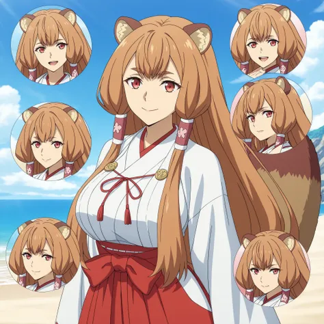 Natalia, Tate no Yuusha no Nariagari, raccoon ears. round red eyes orange hair with rounded animal ears and a fluffy tail, fair skin slender figure and big breasts. She wears Miko outfit Raje de Saserdotisa. WHITE AND RED. background a beautiful paradisia...