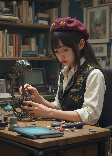 cat robot、Cyborg pet production scene、PRECISION WORK 、digital diagnostic device、soft light、Technical Knowledge、 Gentle Hands 、sci-fi worldview , The cyberpunk-style girl is focused , she is making the latest cat-shaped cyborg. An oscilloscope is placed...