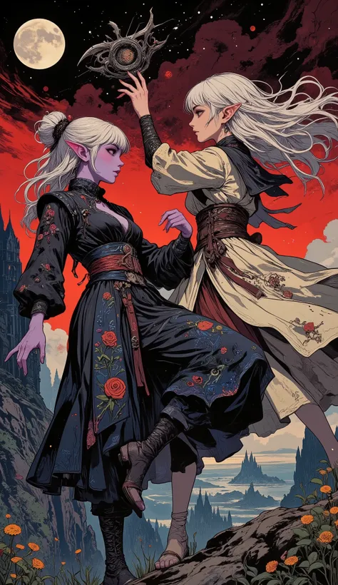 (Woodblock print style, Japanese ukiyo-e style, fantastical illustrations, Gothic horror style) BREAK
(Two elven women—a dark elf and a sun elf—engage in a deadly battle. In the dead of night, beneath a crimson sky where a black moon rises, against a back...