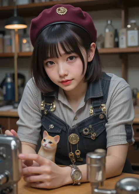 cute girl with short boyish hair、The cyberpunk-style girl is focused ,taken from the front、 she is making the latest cat-shaped cyborg、Cyborg pet production scene、PRECISION WORK 、digital diagnostic device、Technical Knowledge、 Gentle Hands 、sci-fi worldvie...