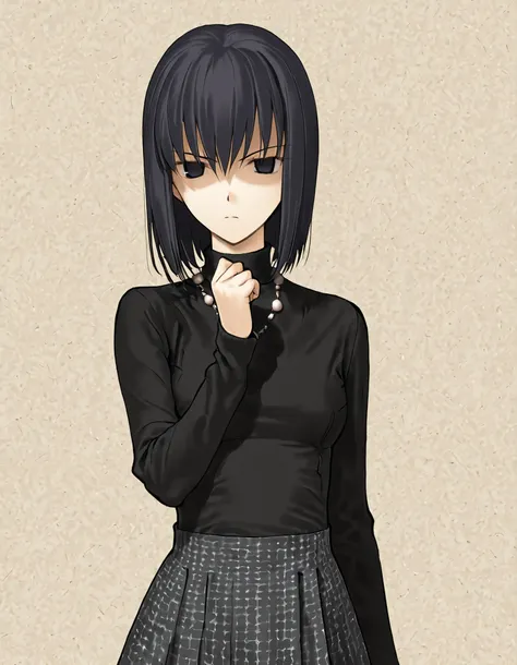 Witch on the Holy Night Style,Kuonji Alice,1girl,solo,skirt,black hair,black eyes,simple background,short hair,looking at viewer,necklace,standing,jewelry,sweater,grey skirt,long sleeves,shaded face,pleated skirt,upper body,hand up,
<lora:Witch on the Holy...