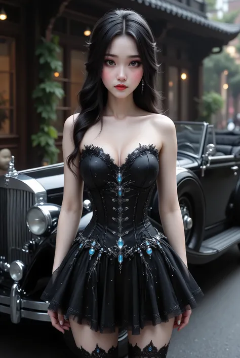 A young, petite, and busty Asian woman stands in a striking and avant-garde, strapless corset black with scale-like details, a micro ruffle A-Line miniskirt, and sexy, tight lace stockings reminiscent of Gothic or fantasy styles. The work features intricat...