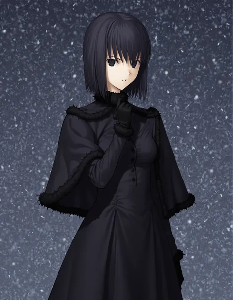 Witch on the Holy Night Style,Kuonji Alice,1girl, solo, gloves, black hair, dress, black eyes, black gloves,c apelet, short hair, black dress, standing, fur trim, looking at viewer, black capelet, hand up, parted lips, snowing, (gray background),
<lora:Wit...
