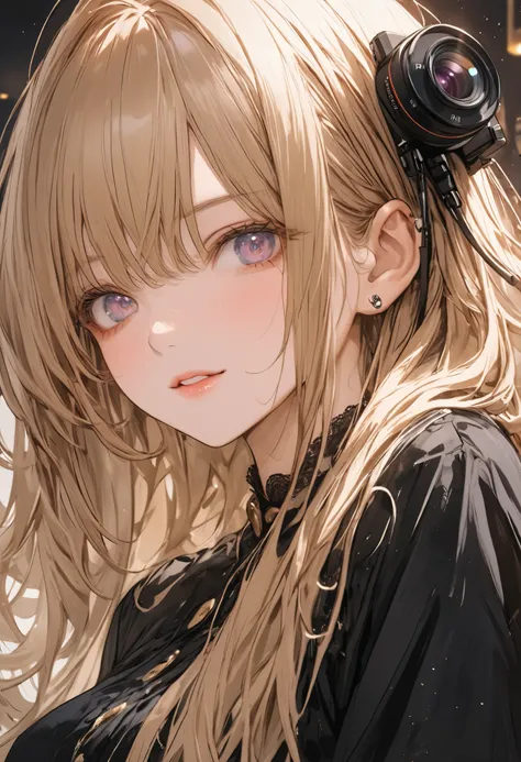 masterpiece, Highest Quality, 1girl, solo, ((mature woman)), round pupils, long My hair, My hair, princess, black dress, fantasy shot with Nikon Z7 II mirrorless camera, happy, viewers preying on their heads, comics, anime, (oil)