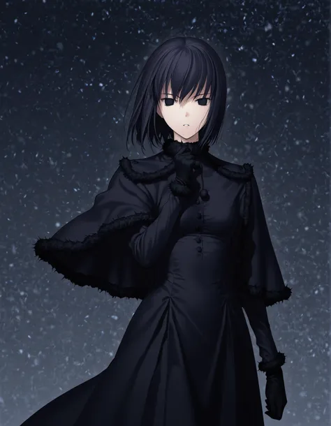 Witch on the Holy Night Style,Kuonji Alice,1girl, solo, gloves, black hair, dress, black eyes,(no pupils), black gloves, capelet, short hair, black dress, standing, fur trim, looking at viewer, black capelet, hand up, parted lips, snowing, (gray background...