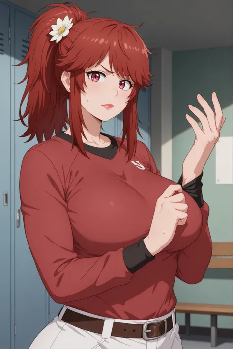 Akemi Aizawa, long hair, ponytail, fringe, red hair, large breasts, earrings, pink lips , fire red eyes, muscle body, | Maddie Fenton, brown hair, medium hair, medium saggy breasts , fat body, huge hips, earrings . red lips , violett eyes | masterpiece, b...