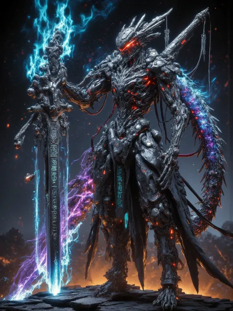 Standing next to a fiery skeleton warrior, Red Fiery Eyes, and re-stitched with mismatched leather and chain-link patches, exudes a faint flame and bright cyan light on his bones. Her shoulder was draped with a huge sword of heavy azure hands, A rune engra...