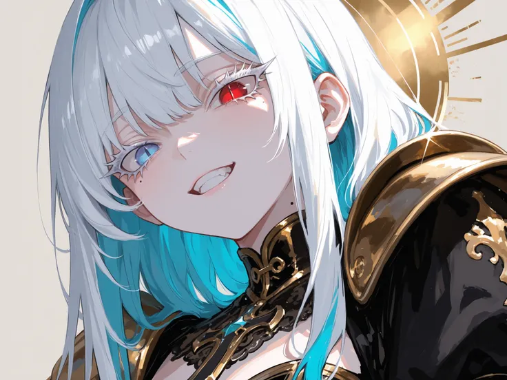 Highest Quality, ultra high definition, masterpiece 【Protagonist】、((solo, anime))、((womanhood)), laugh happily, long white hair, Turquoise Blue Hair、 ((Heterochromia, my left and right eyes are different colors、Red Eyes, blue eyes)), ((My eyelashes are whi...