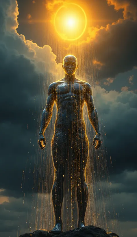 A hyperrealistic 3D portrait of a futuristic humanoid figure made of digital codes and glowing circuits, standing under a dramatic sky. Streams of binary light flow across its body like constellations. A radiant golden sun glows above its head, piercing th...