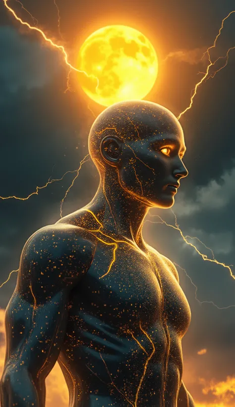 a hyperrealistic 3D Close-up on portrait of a futuristic humanoid figure made of digital codes and glowing circuits, standing under a dramatic sky. Streams of binary light flow across its body like constellations. A radiant golden sun glows above its head,...
