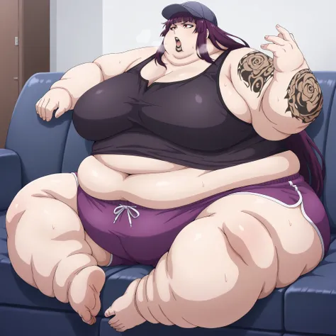 kanae_tawata_pm, purple hair, long hair, (arm tattoo:0.8), large breasts, black lips, blunt bangs, red eyes, baseball cap,large breasts, tank top, midriff, dolphin shorts, sitting on couch, fat, chubby, obese, fat neck, multiple chins, big breasts open mou...