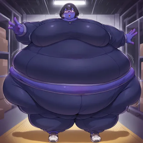 1girl, solo, huge breasts, cowboy shot, looking at viewer, lee bora, under-rim eyewear, short hair, black hair, (mole under mouth:0.8), bob cut, purple eyes,large breasts, warehouse, turning into a blueberry, blue skin, Violet skin, tracksuit, shoes, fat, ...