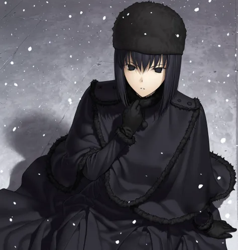 Witch on the Holy Night Style,Kuonji Alice,1girl, solo, gloves, black hair, dress, black eyes,(no pupils), black gloves, capelet, short hair, black dress, sitting, fur trim, ushanka, , looking at viewer, black capelet, hand up, parted lips, snowing, (gray ...