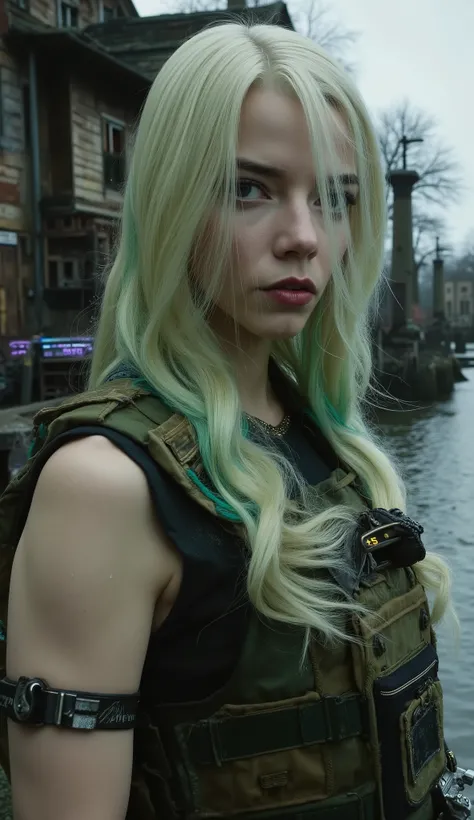 close up Anya Taylor Joy as Sonya Blade from Mortal Kombat with original costume tactical clothing green hair very blond, in the background Destroyed wooden houses, exposed metal plates; rusty military cars, people repairing equipment; muddy lake with cold...