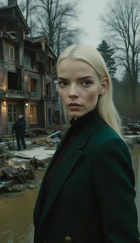 Close up Anya Taylor Joy looking at the camera in a dark green suit with a black shirt underneath her very blond hair, in the background Destroyed wooden houses, exposed metal plates; rusty military cars, people repairing equipment; muddy lake with cold gr...