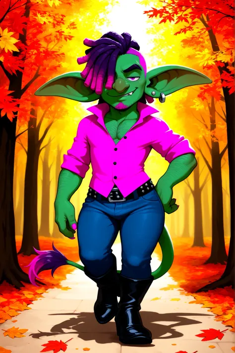 solo, 1boy, no humans, goblin, green skin, dark green skin, purple eyes, fang, long nose, huge ears, pointy ears, lion tail, short, shortstack, flat chested, athletic build, abs, pecs, thick thighs, narrow waist, hip thrust to one side, hip focus, swaggeri...