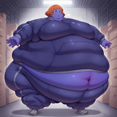mari ishida \(solo leveling\), burnt orange hair, short hair, bangs, brown eyes, large breasts, warehouse, turning into a blueberry, blue skin, Violet skin, tracksuit, shoes, fat, chubby, obese, fat neck, multiple chins, big breasts open mouth, out of brea...