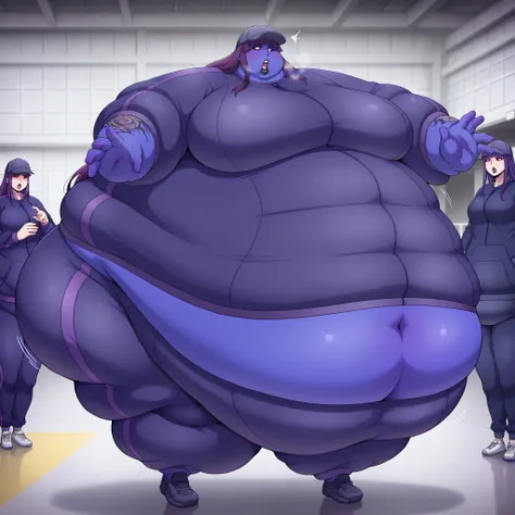 kanae_tawata_pm, purple hair, long hair, (arm tattoo:0.8), large breasts, black lips, blunt bangs, red eyes, baseball cap,large breasts, warehouse, turning into a blueberry, blue skin, Violet skin, tracksuit, shoes, fat, chubby, obese, fat neck, multiple c...