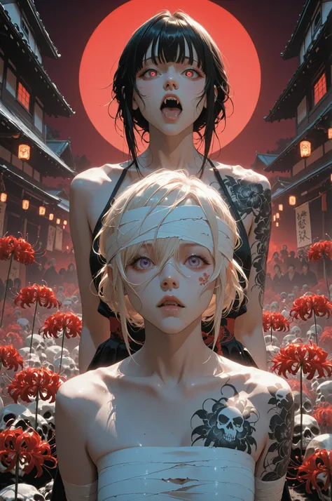they shake their bodies、are simple teenage buildings made of wooden and paper。they have magical powers that mislead the viewer。the visible part is an incredibly beautiful girl's face, but、they have no limbs and torso and neck、their sharp fangs are reflecte...