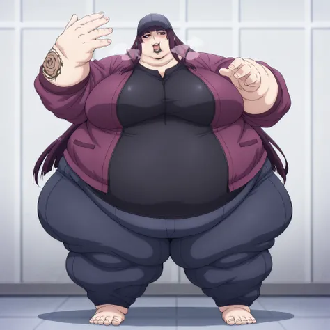 best quality, highly aesthetic, absurdres, masterpiece,  kanae_tawata_pm, purple hair, long hair, (arm tattoo:0.8), large breasts, black lips, blunt bangs, red eyes, seductive smile, jacket, pants, baseball cap, fat, chubby, obese, fat neck, multiple chins...