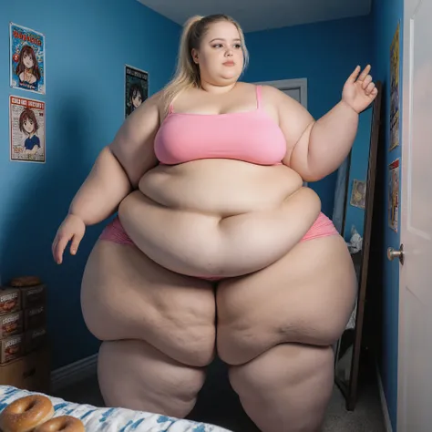 A photo depicting a full body portrait of an extremely fat, extremely plus-sized woman, examining her body, alone in her room. She is an extremely beautiful and attractive Caucasian teenager and is a plus-size woman. She is an extremely morbidly obese, ext...