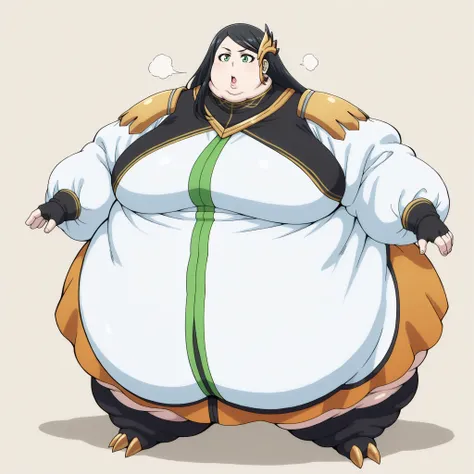 long hair, swept bangs, parted bangs, black hair, green eyes, hair ornament
HeejinDress, turtleneck dress, multicolored dress, shoulder pads, zipper, puffy long sleeves, orange skirt, fingerless gloves, black gloves, fat, chubby, obese, fat neck, multiple ...