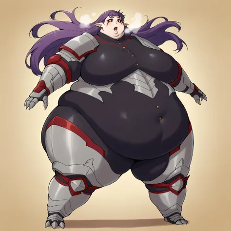 1girl, solo, open mouth, fangs, floating hair, long hair, purple hair, red eyes, facial mark, pointy ears, earrings, EsilGreyArmor, black bodysuit, red trim, buttons, grey armor, blue elbow pads, gauntlets, greaves, fat, chubby, obese, fat neck, multiple c...