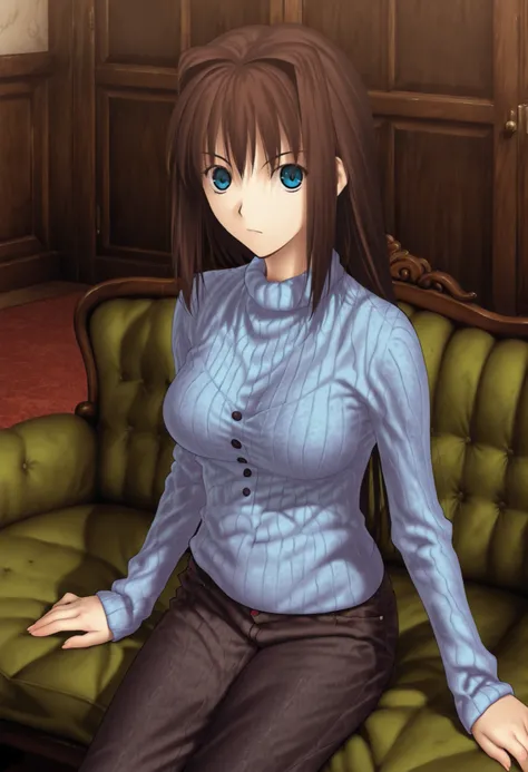 Witch on the Holy Night Style,1girl, aozaki aoko, solo, long hair, denim, black jeans, blue eyes, pants, brown hair, hair intakes, breasts, ((turtleneck ,sweater ,ribbed sweater ,blue sweater)) ,medium breasts, cowboy shot, looking at viewer, sitting, gree...