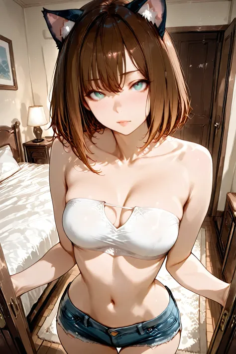 Masterpiece, best quality, ultra-detailed, 8k, rich-contrast.

A gothic-influenced catgirl, feminine curves, beautiful decollete, softly shining skin, collarbone-length chestnut-brown hair with smooth, beautiful eyes, delicate lips, cat ears matching hair ...
